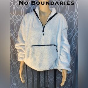 🔴No Boundaries S:XL (15-17) Half Zip White Sherpa Pull Over w/front Zip Pocket